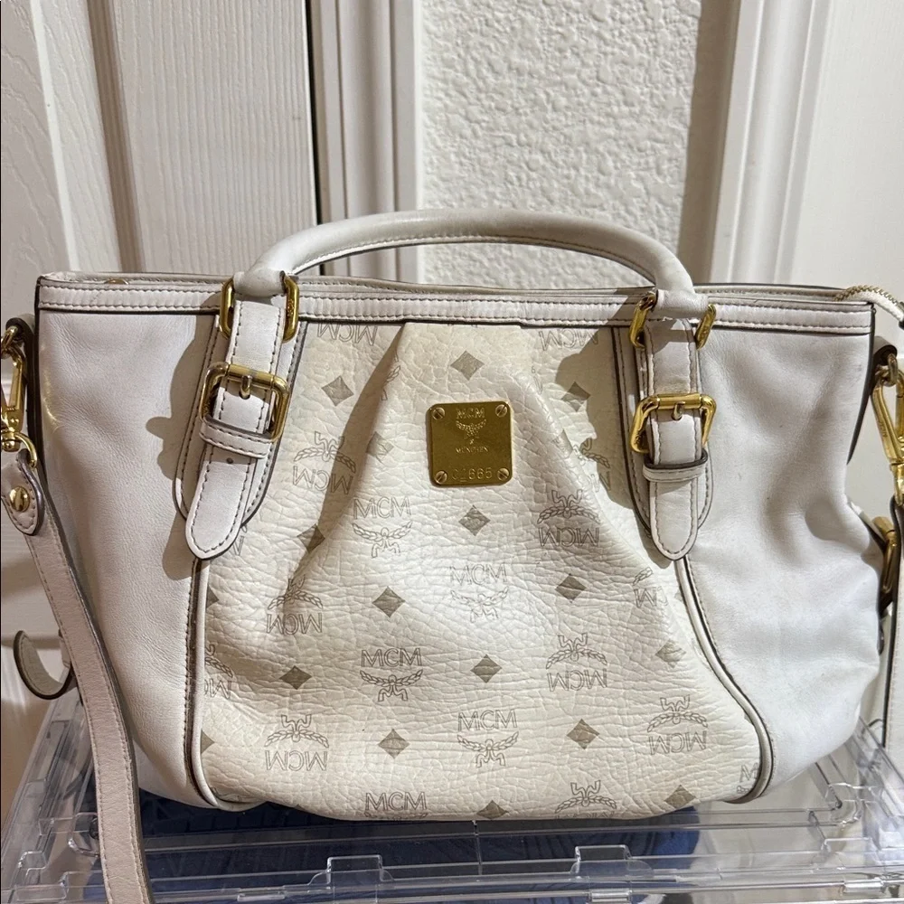 MCM Cream Satchel with Gold Accents